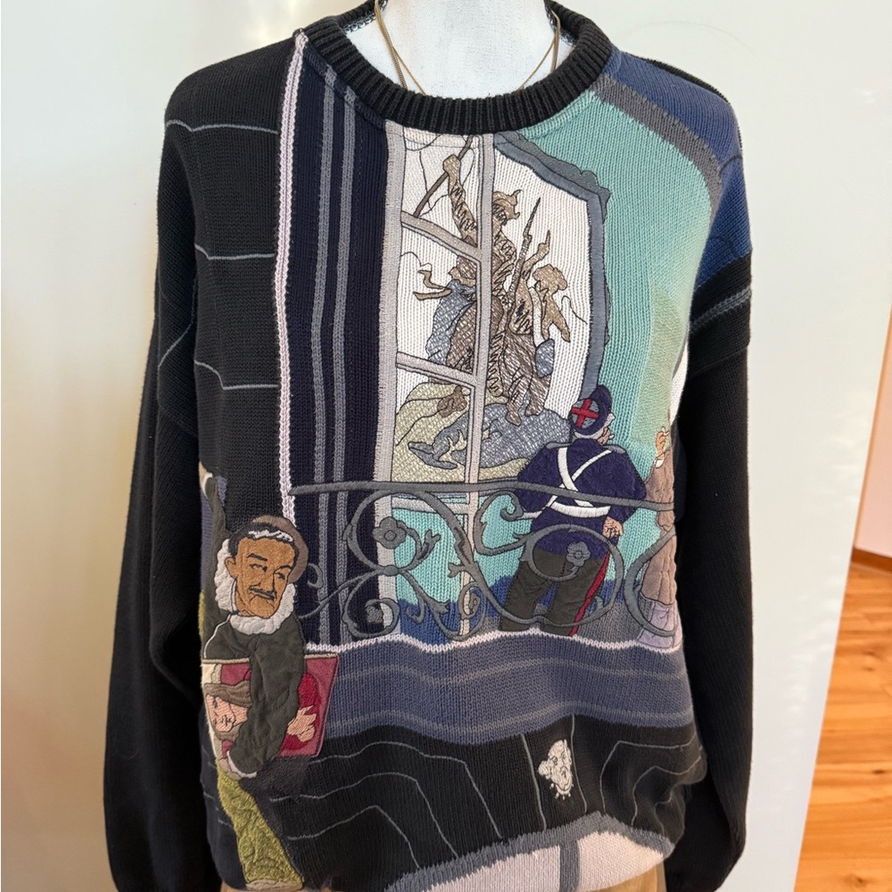 Vintage MIMI SPIRIT Mens Knit Sweater L Made In Italy "Stealing Mona Lisa"